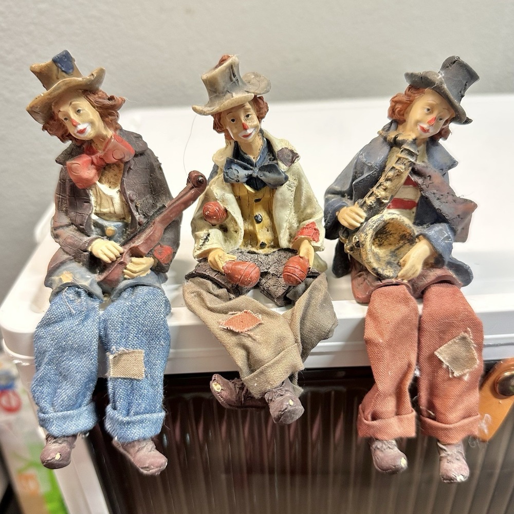 Vintage Shelf Sitter Clown Musicians Set of 3 Resin Fabric Legs 3-3.5"